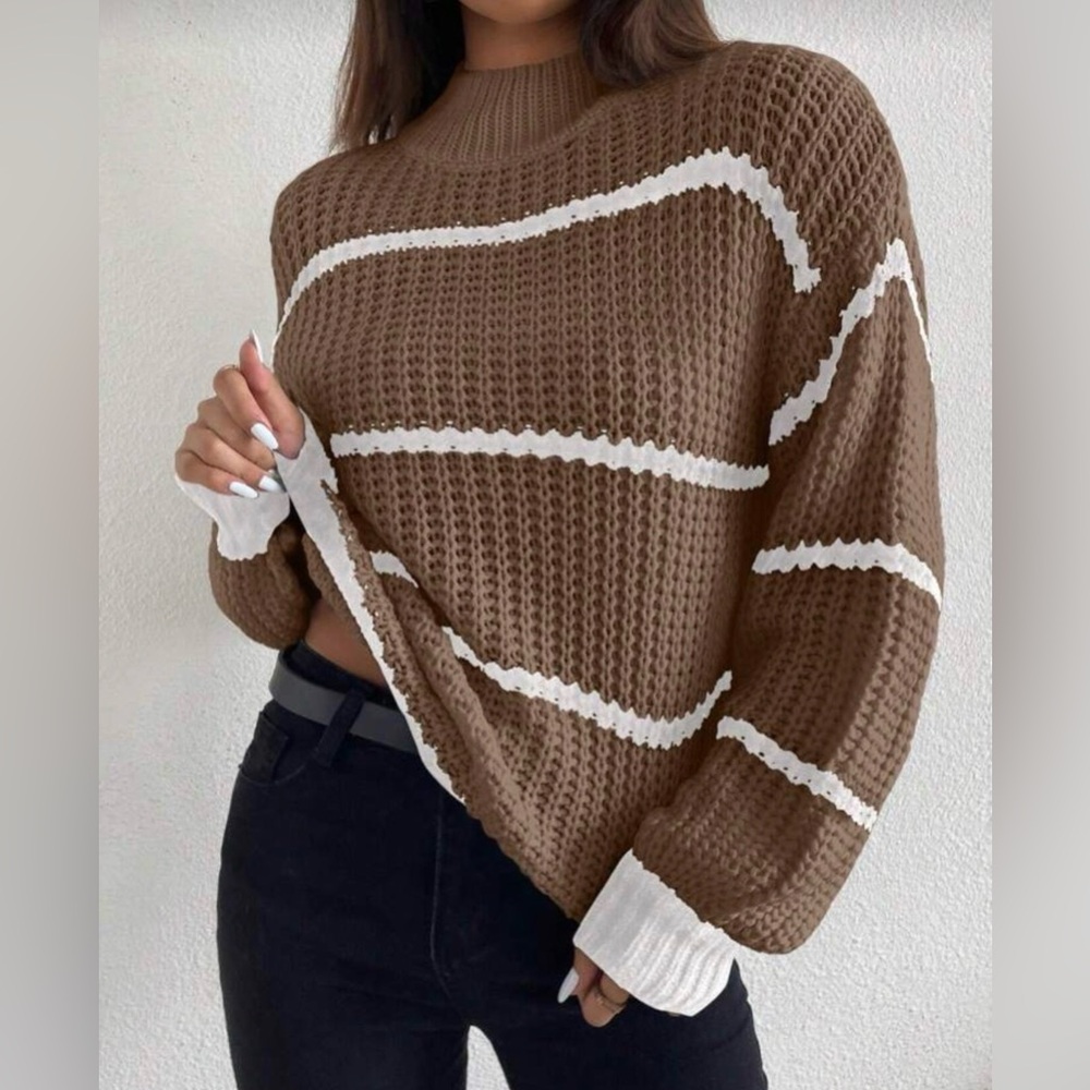 SHEIN Brown and White Striped Knit Sweater Size Medium BRAND NEW 🤎 - Picture 3 of 7